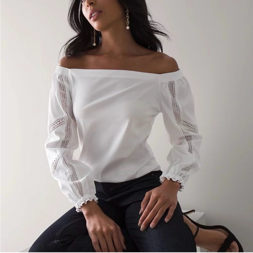 WHBM  Elegant White Off-The- Shoulder Lace Crochet  detail Blouse  BNWT